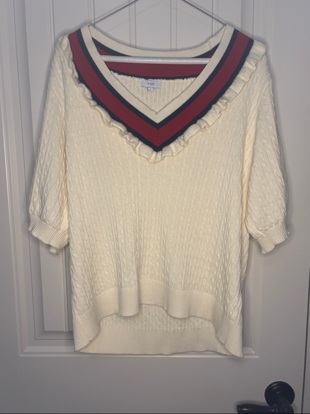 Cream Cable-Knit V-Neck Sweater with Red & Navy Trim